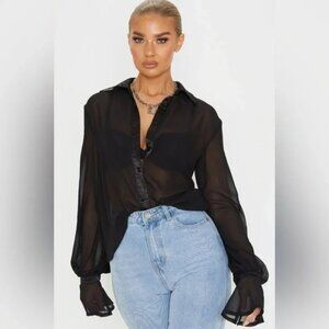 Black Chiffon Sheer Ruffle Sleeve Blouse 10 PLT Button Up Satin Trim Dressy EUC